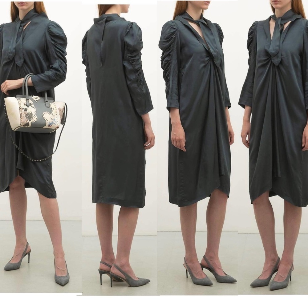 Dries Van Noten teal gray long sleeve ruched gathered front neck tie midi dress